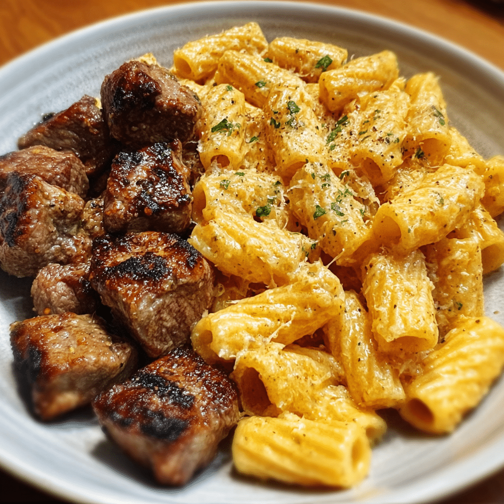Cheesy Rigatoni with Garlic Butter Steak Tips