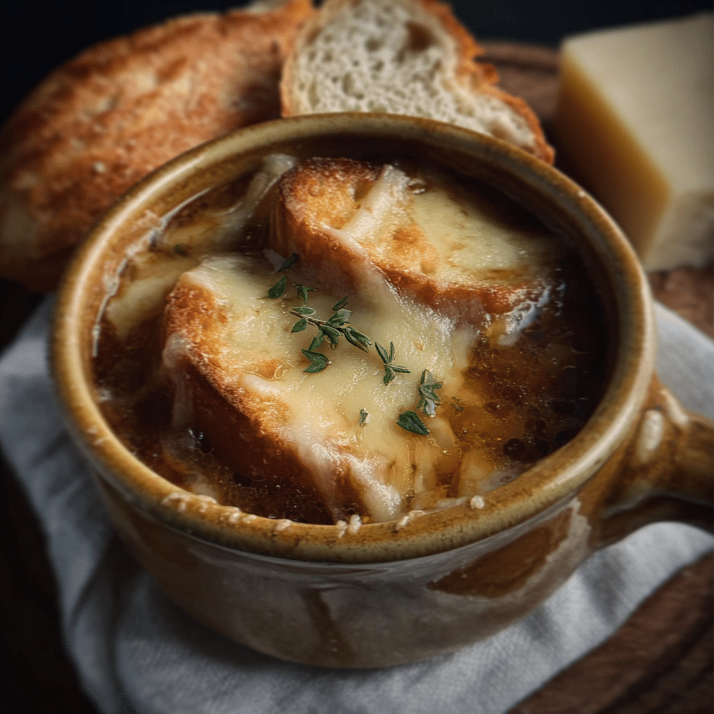 French Onion Soup with Gruyere and Baguette