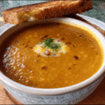 Tikka Red Lentil Soup and Mango Chutney Onion Cheese Toasties
